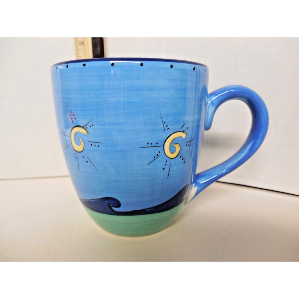 K.I.C.  Brushes Hand Painted Coffee Mug Cup 14 oz Ocean Waves / Stars